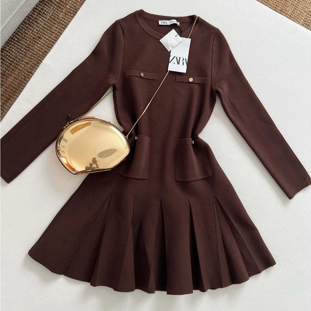 ZARA Brown Pleated Short Knit Dress - Picture 2 of 7